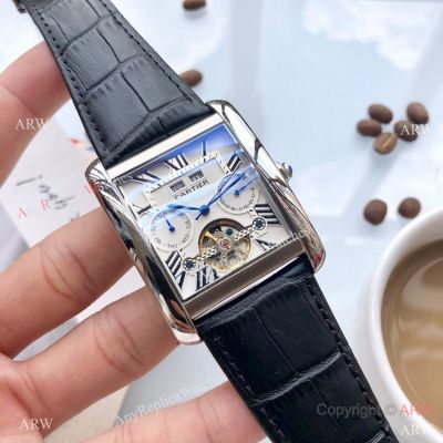 Replica Cartier Tank Perpetual Calendar SS Black Leather Strap Watch 40mm